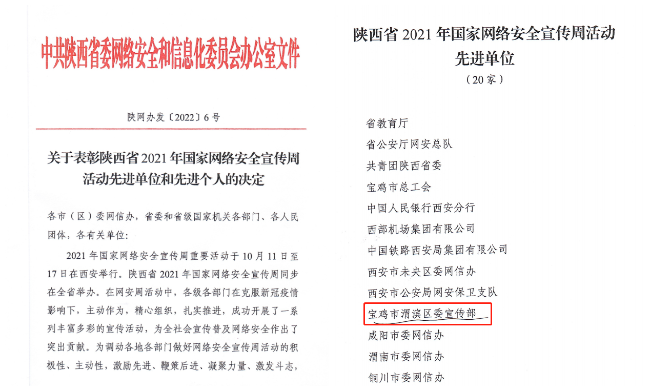 宝鸡市渭滨区委宣传部被评为陕西省2021年国家网络安全宣传周活动先进单位